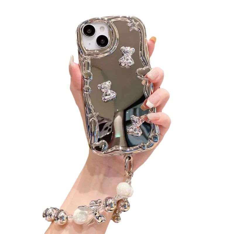 Silver Love Heart & Cute Bear Mirrors Phone Cases